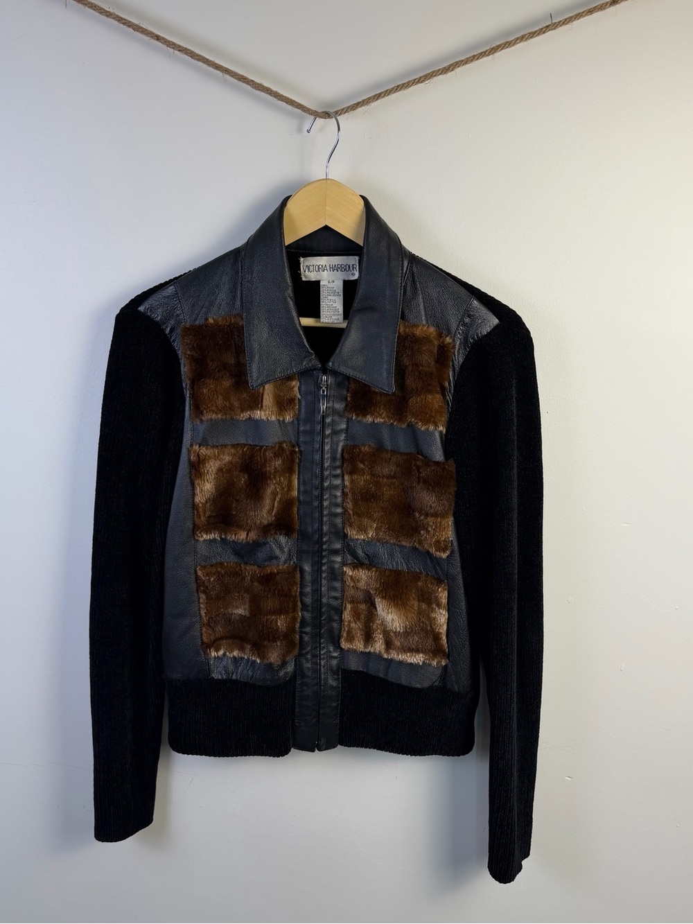 Victoria Harbour Leather Fur Knitting Zip Cardigan Sweater Brown Womens Size S